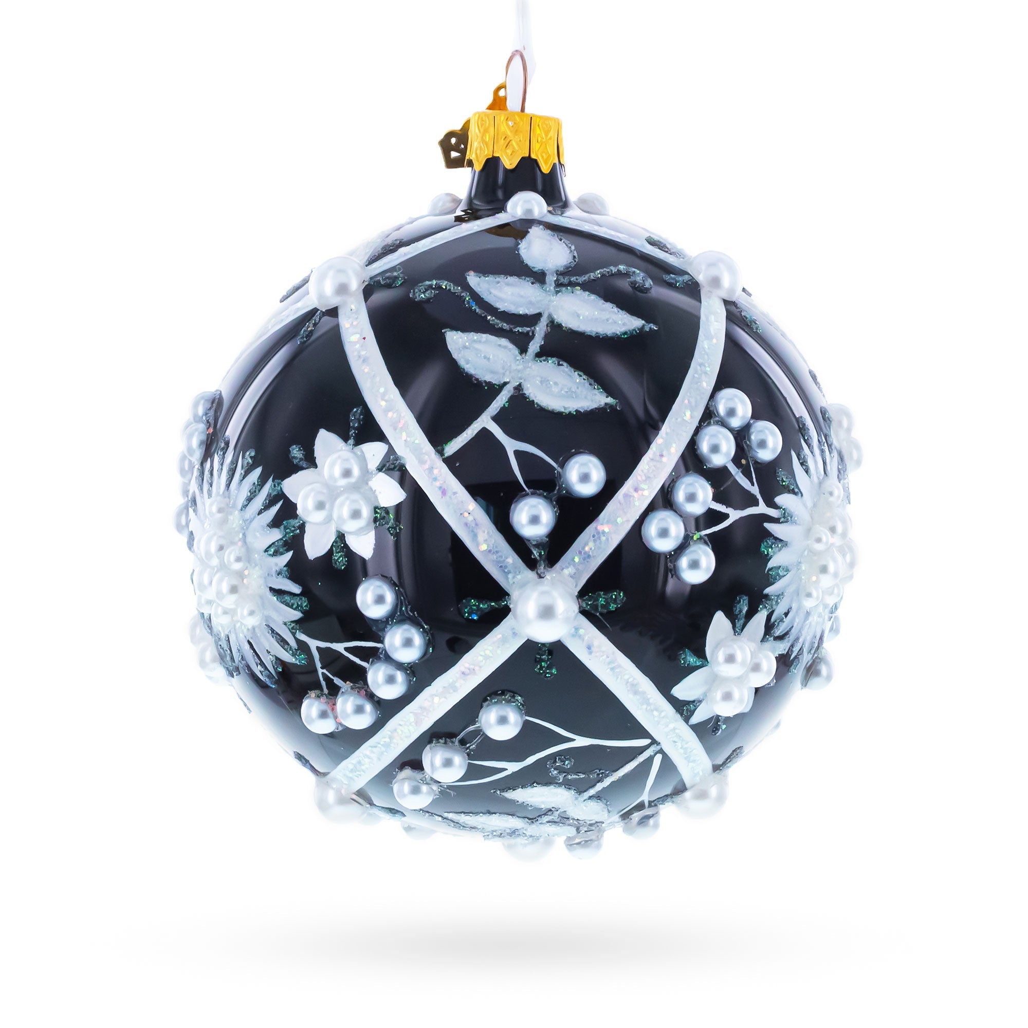 Pearl-Encrusted White Floral Design on Black Glass Ball Christmas Ornament 4 Inches