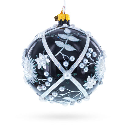 Pearl-Encrusted White Floral Design on Black Glass Ball Christmas Ornament 4 Inches