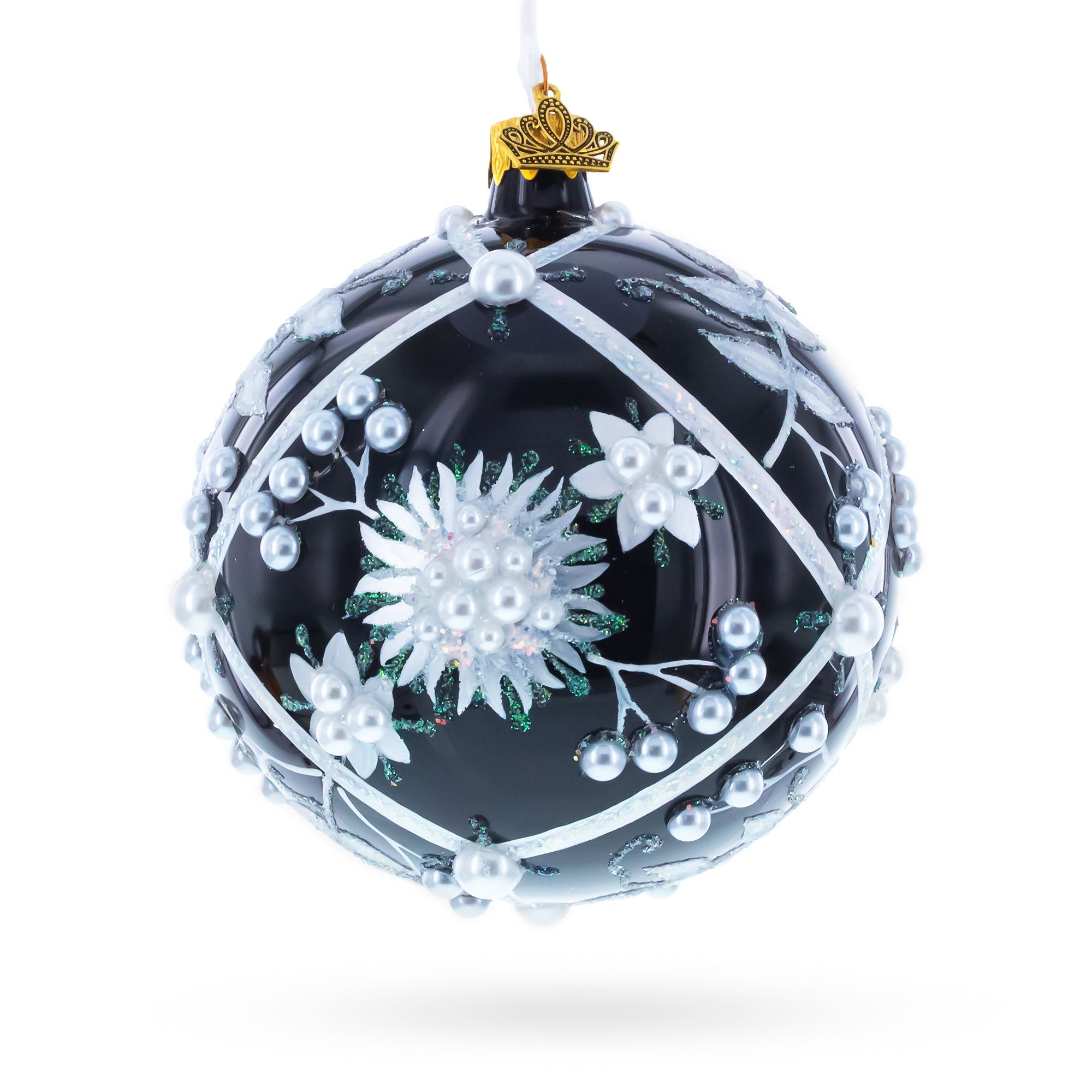 Pearl-Encrusted White Floral Design on Black Glass Ball Christmas Ornament 4 Inches