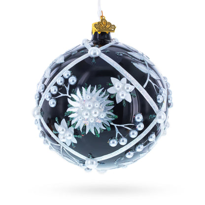 Pearl-Encrusted White Floral Design on Black Glass Ball Christmas Ornament 4 Inches
