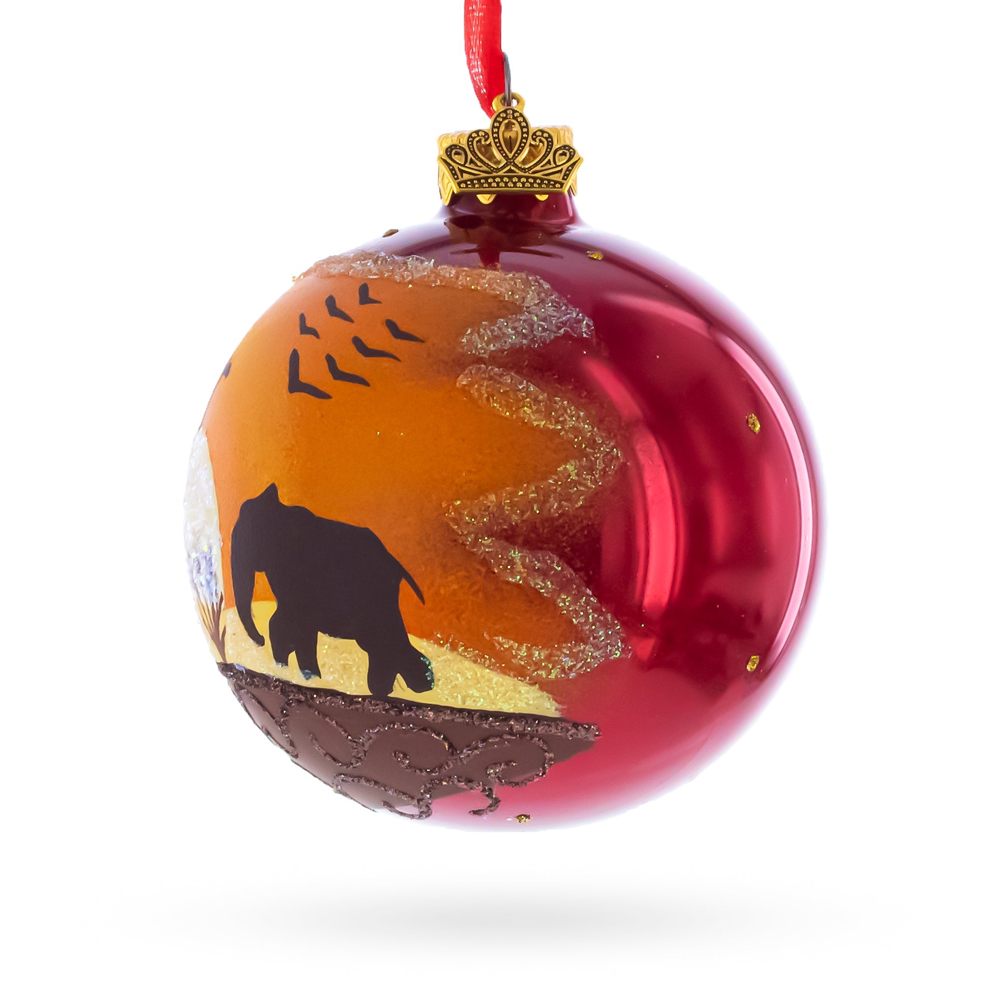 African Sunset with Giraffe and Tree Glass Ball Christmas Ornament 3.25 Inches