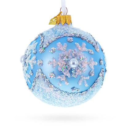 Sparkling Blue Snowflake and Pearl Glass Ball Ornament 3.25 Inches