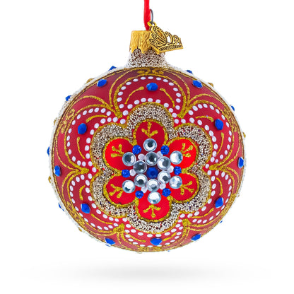 Baroque Filigree with Gemstones on Red Glass Ball Christmas Ornament 3.25 Inches