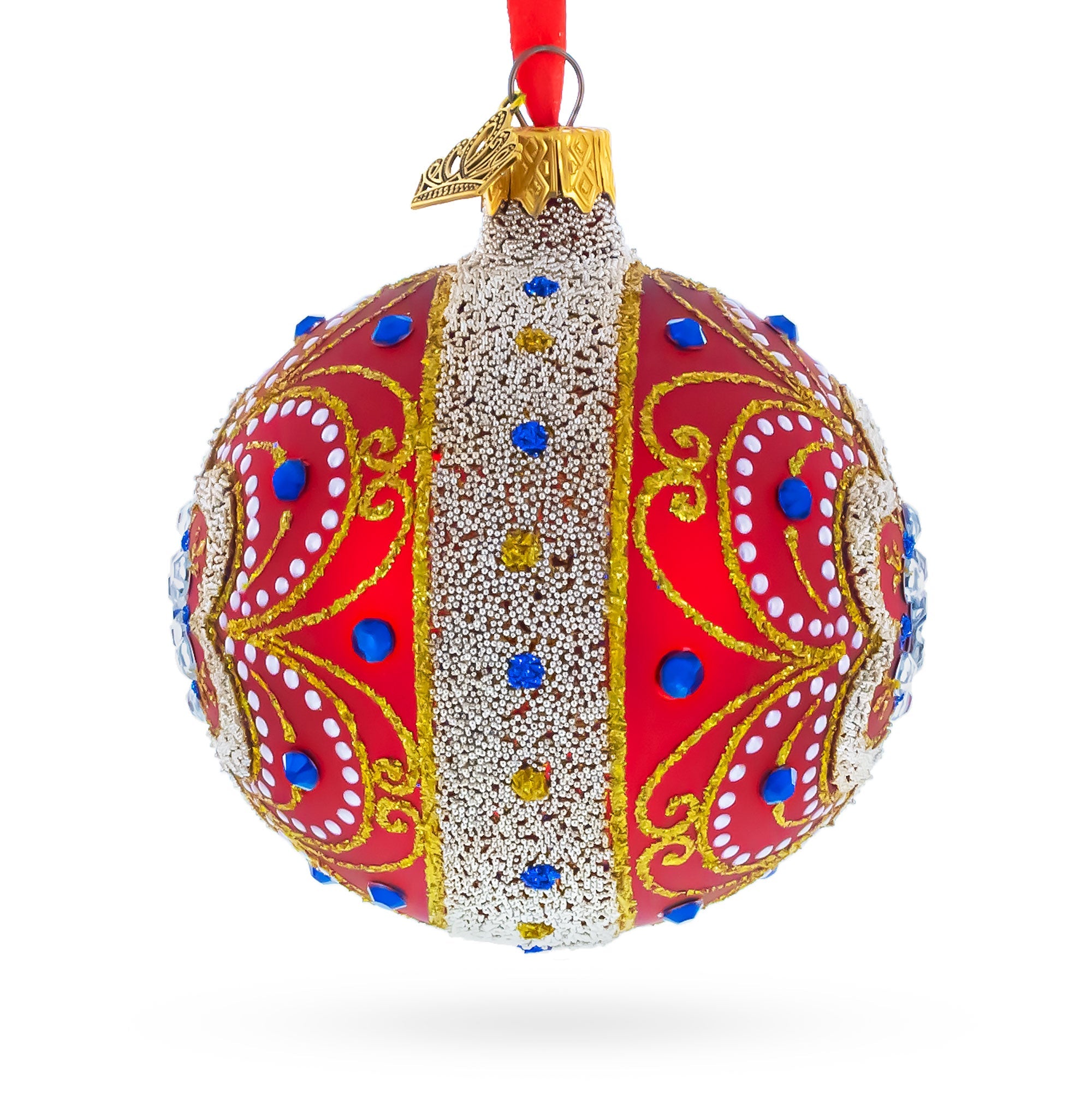 Baroque Filigree with Gemstones on Red Glass Ball Christmas Ornament 3.25 Inches