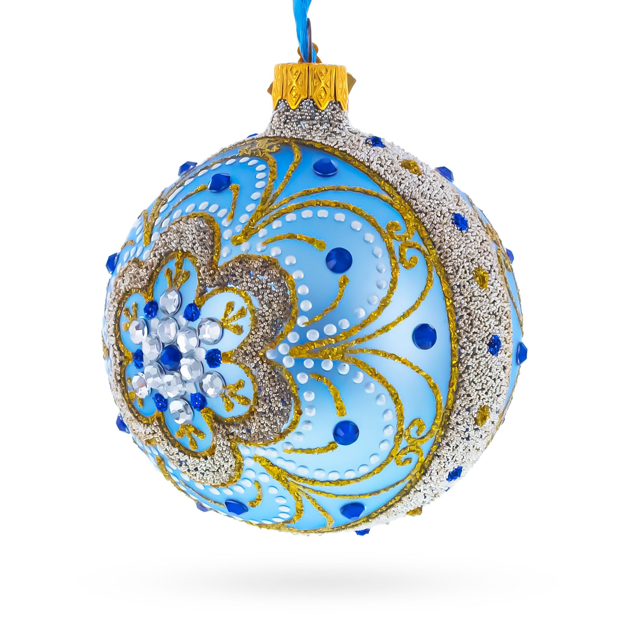 Baroque Filigree with Gemstones on Blue Glass Ball Christmas Ornament 3.25 Inches