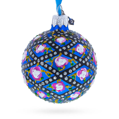 1907 Rose Trellis Royal Green Glass Ball Christmas Ornament 2.4 Inches