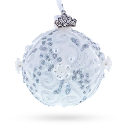 Silver Glitter Scrolls, Pearls & Rose Accents Winter Elegance Glass ball Ornament 2.4 Inches