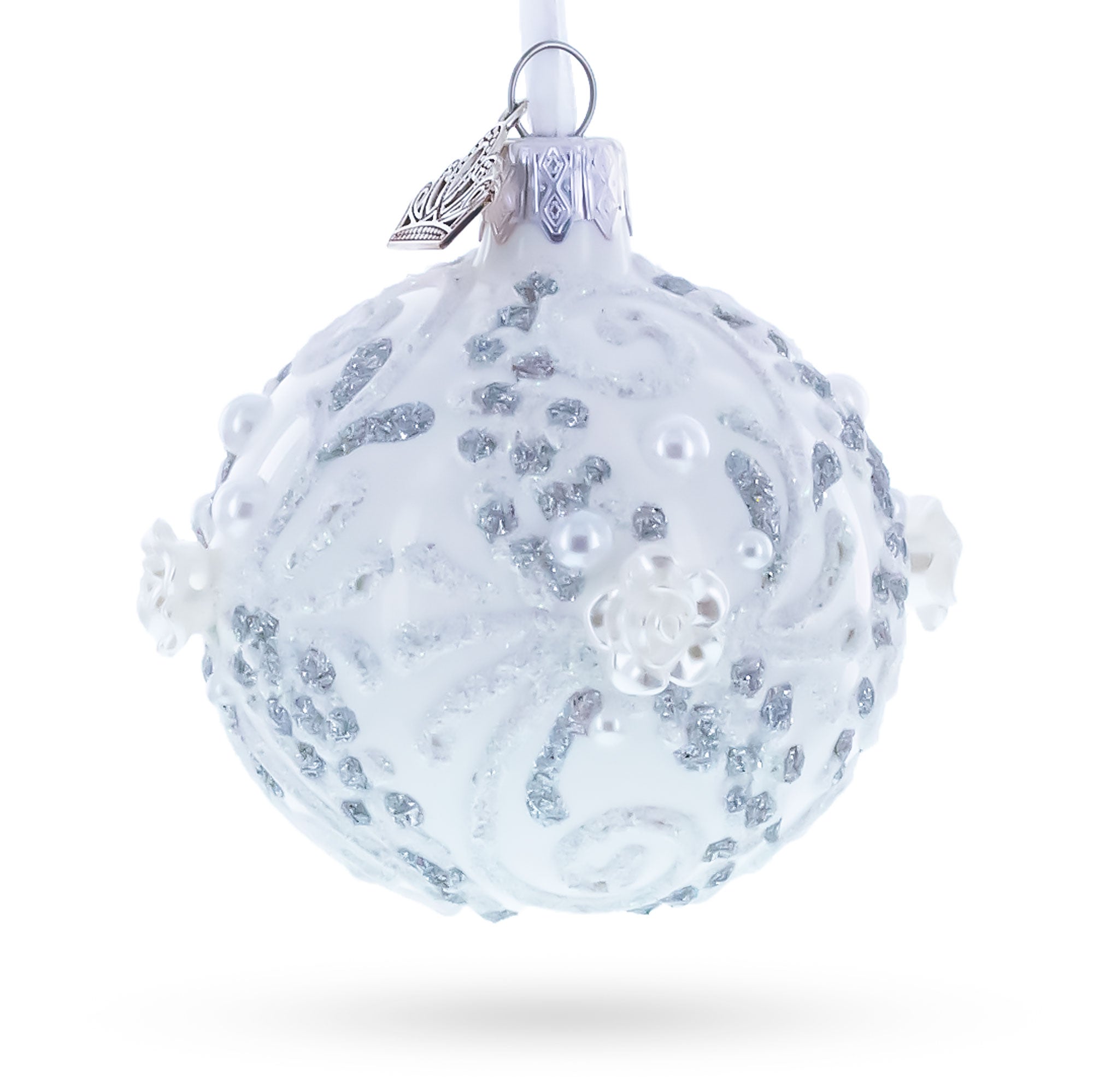 Silver Glitter Scrolls, Pearls & Rose Accents Winter Elegance Glass ball Ornament 2.4 Inches