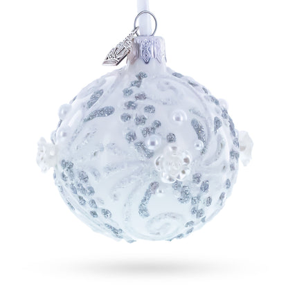 Silver Glitter Scrolls, Pearls & Rose Accents Winter Elegance Glass ball Ornament 2.4 Inches