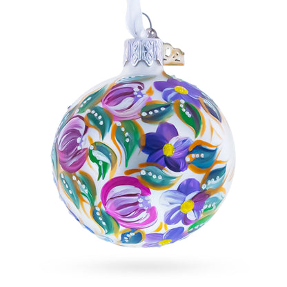 Bird & Floral Design Folk Art Glass ball Ornament 2.4 Inches