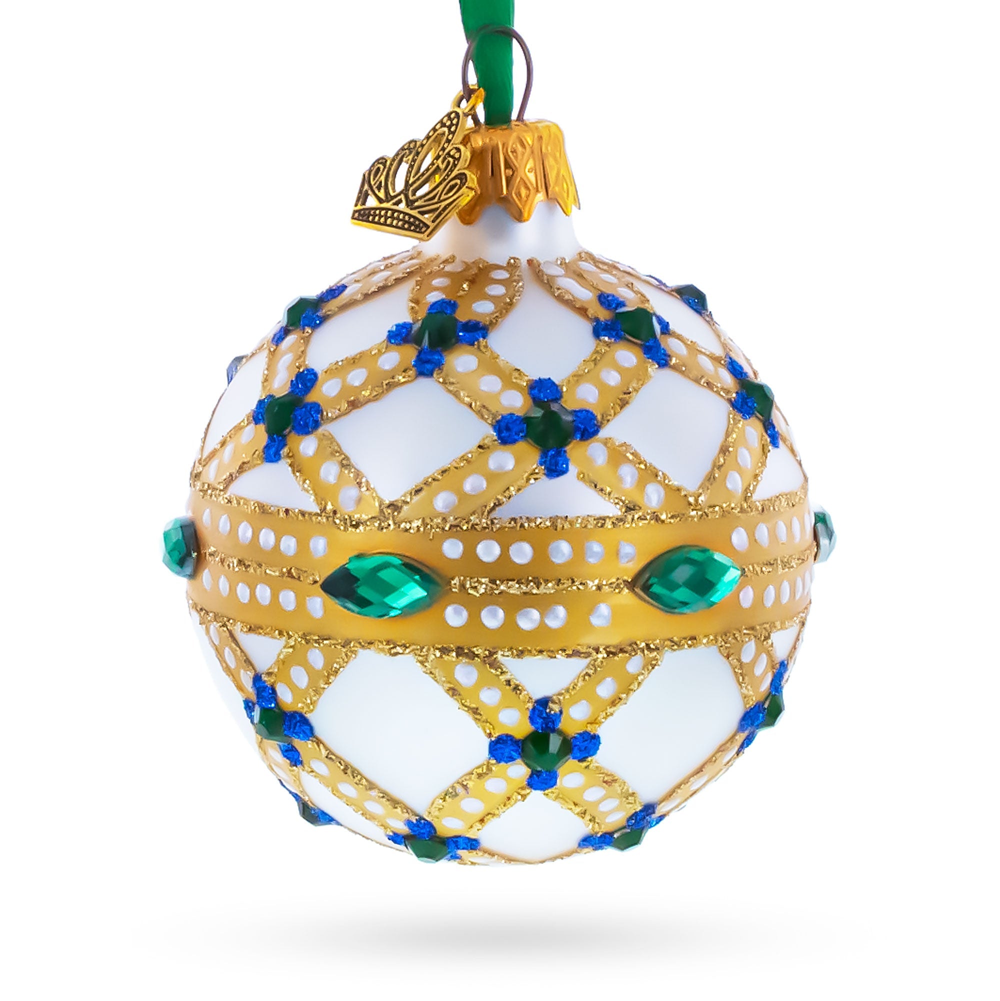 Yellow Trellis, Green Gems & Royal Blue Accents Glass Ball Christmas Ornament 2.4 Inches