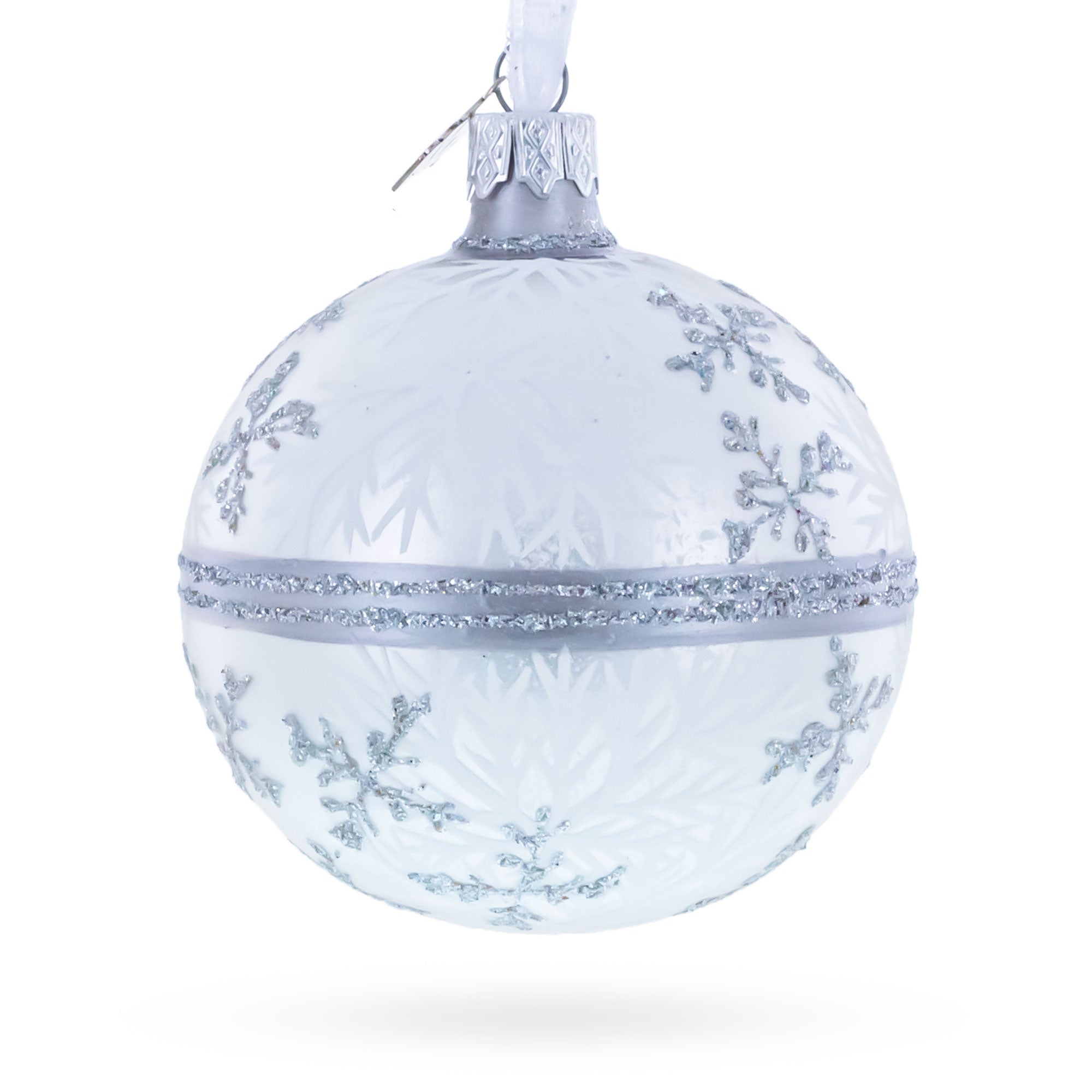 White Winter Glitter Snowflake Design Glass Ball Christmas Ornament 3.25 Inches