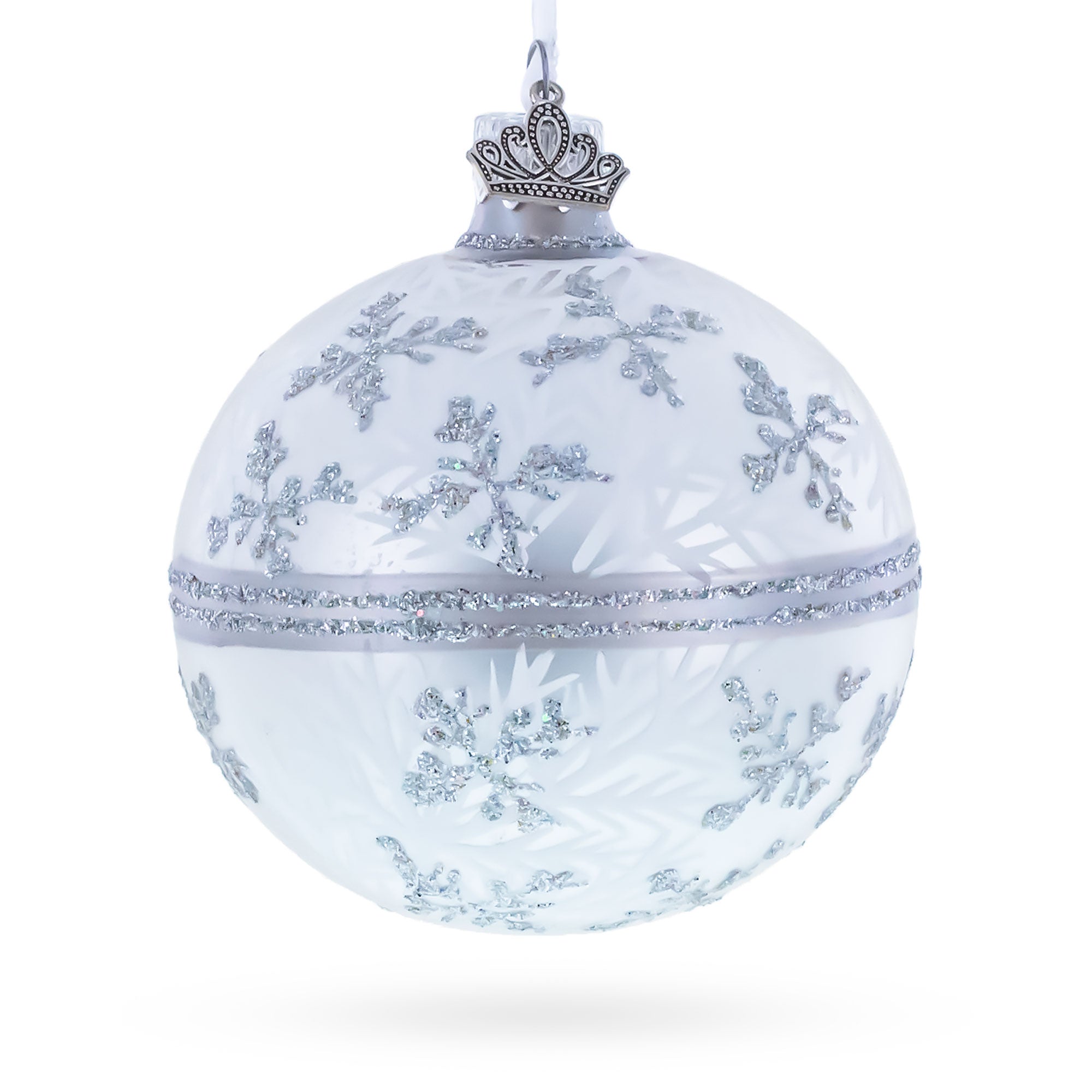 White Winter Glitter Snowflake Design Glass Ball Christmas Ornament 3.25 Inches