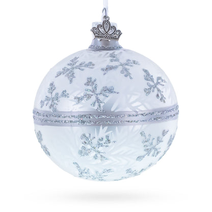 White Winter Glitter Snowflake Design Glass Ball Christmas Ornament 3.25 Inches