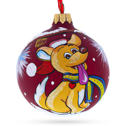 Jolly Puppy in Santa Hat Glass Ball Christmas Ornament 3.25 Inches