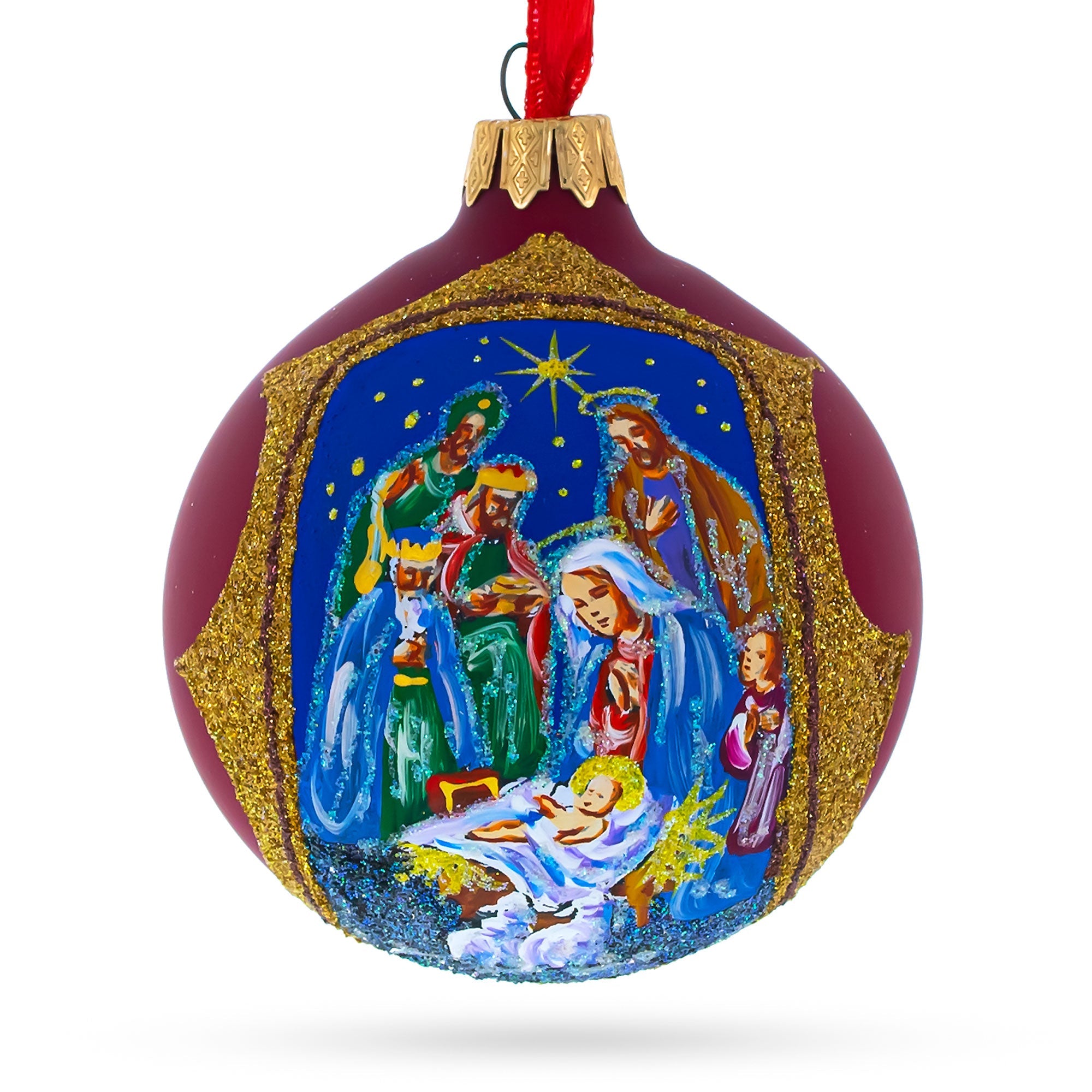 Radiant Nativity Scene in Red Tone Glittered Glass Ball Christmas Ornament 3.25 Inches