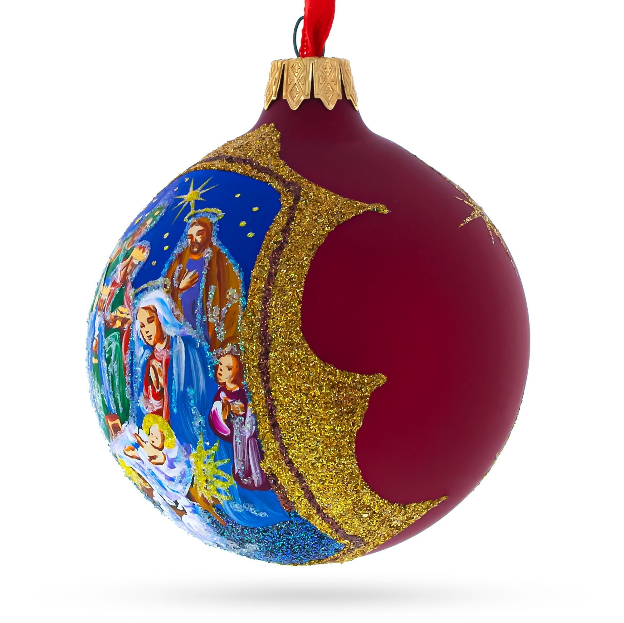 Radiant Nativity Scene in Red Tone Glittered Glass Ball Christmas Ornament 3.25 Inches