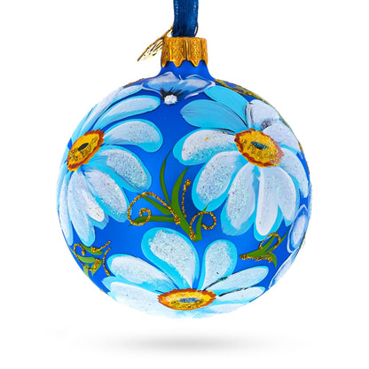Daisy Flowers on Blue Glass Ball Christmas Ornament 3.25 Inches