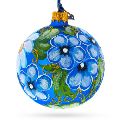 Daisy Flowers on Blue Glass Ball Christmas Ornament 3.25 Inches
