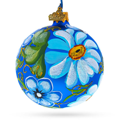 Daisy Flowers on Blue Glass Ball Christmas Ornament 3.25 Inches