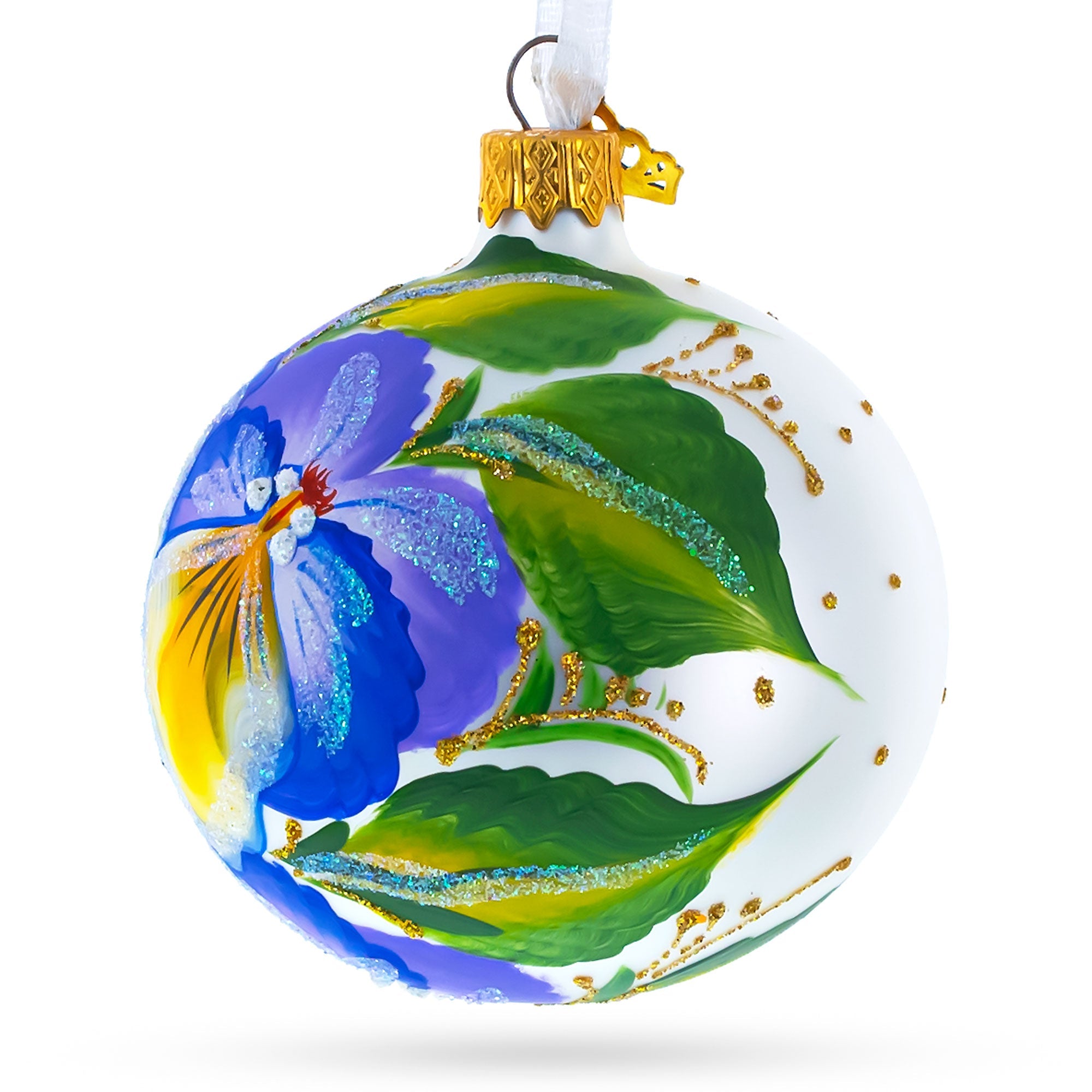 Purple Pansy Flowers Glass Christmas Ornament 3.25 Inches