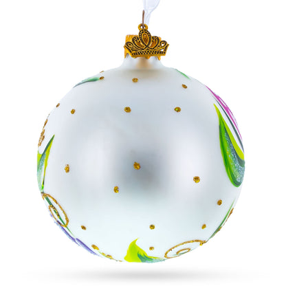 Tulip Bouquet on White Glass Ball Christmas Ornament 3.25 Inches