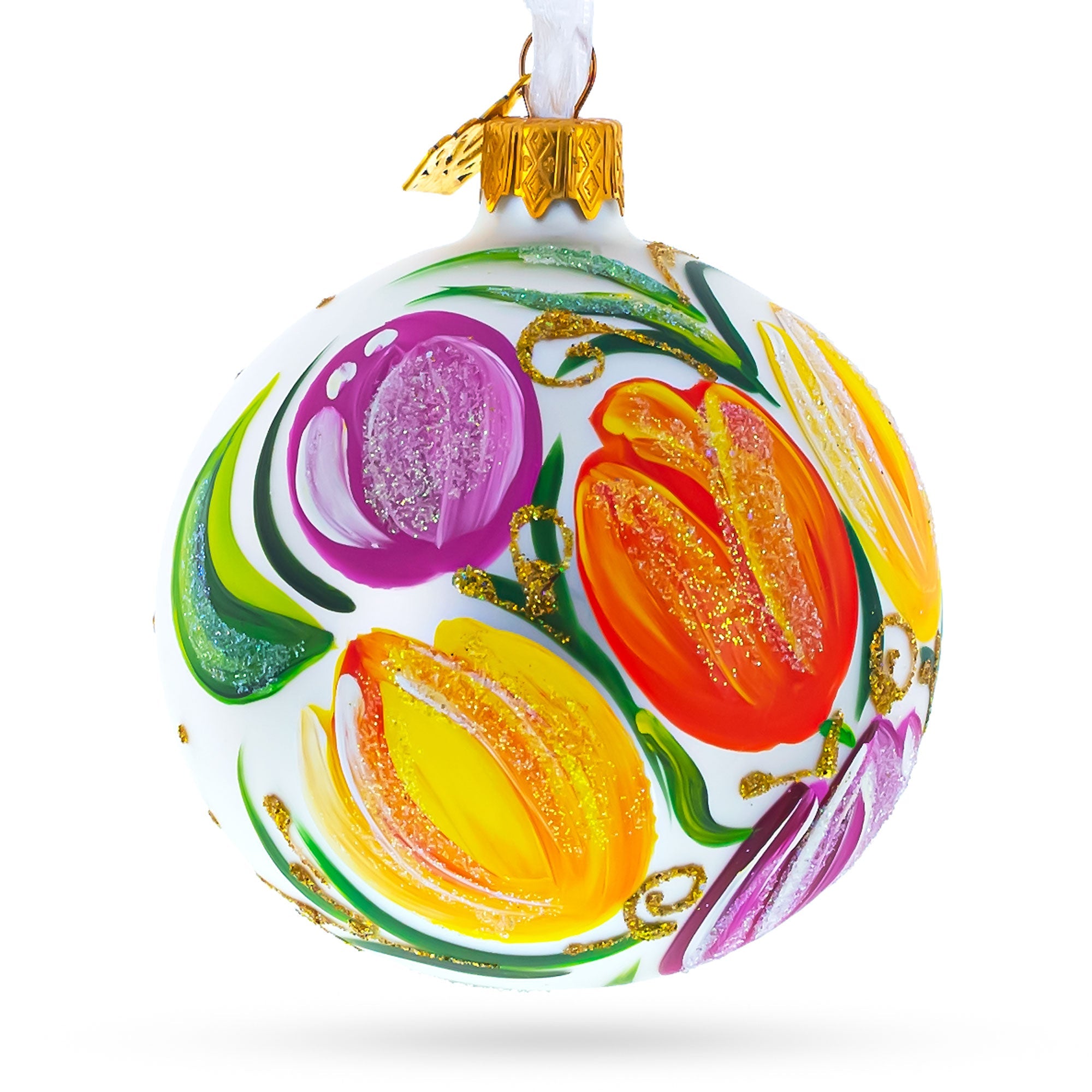Tulip Bouquet on White Glass Ball Christmas Ornament 3.25 Inches