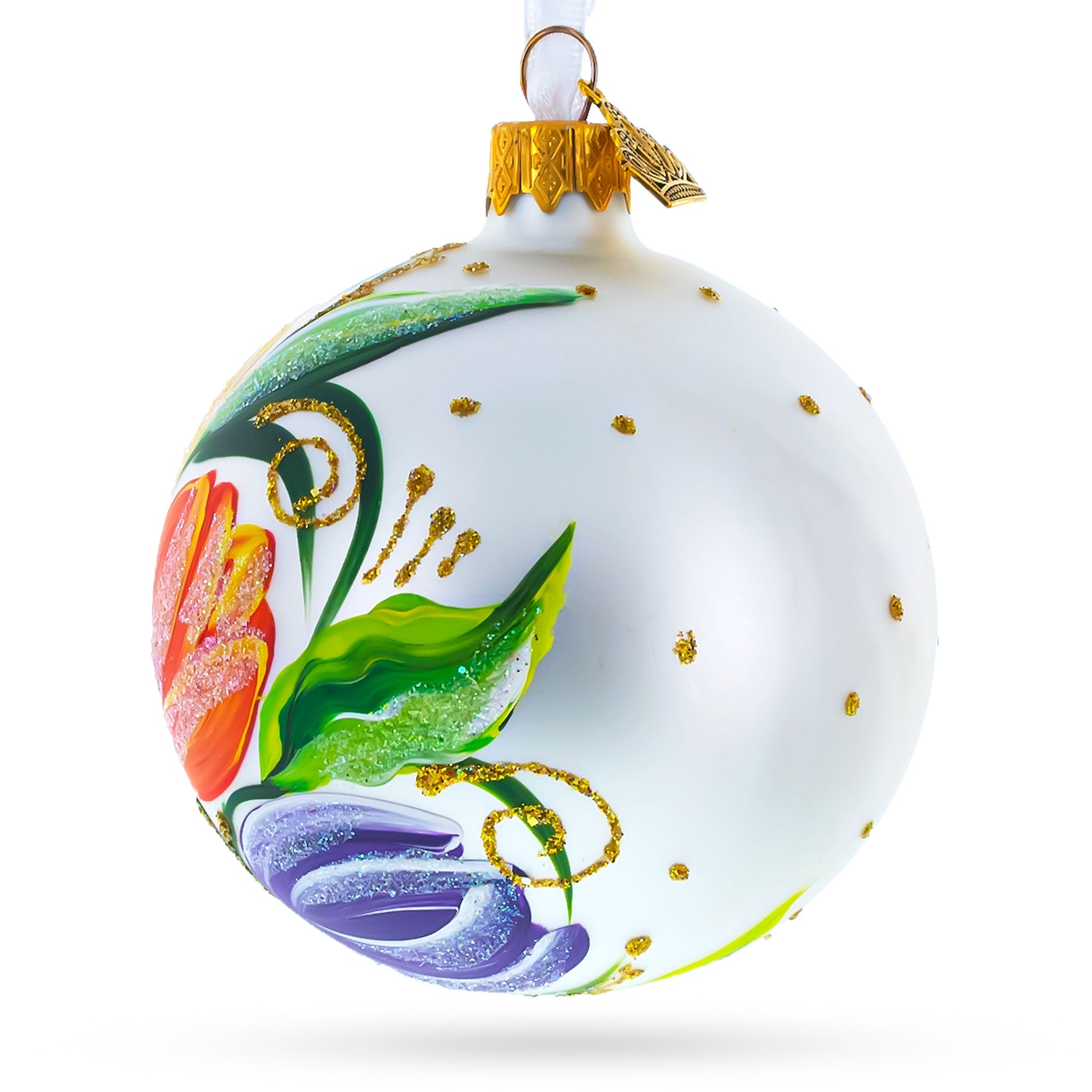 Tulip Bouquet on White Glass Ball Christmas Ornament 3.25 Inches