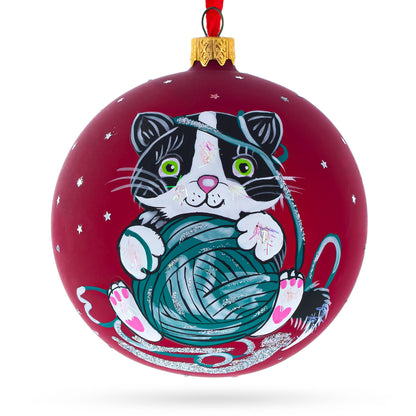 Kitten with Green Yarn Glass Ball Christmas Ornament 4 Inches