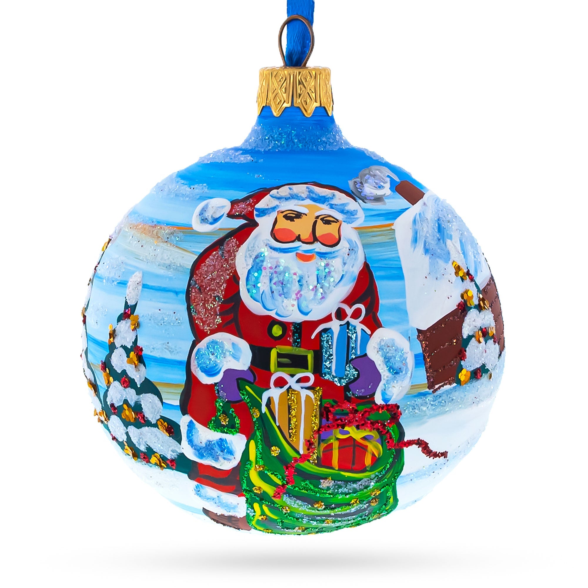 Santa with Bag of Gifts Glass Ball Christmas Ornament 3.25 Inches