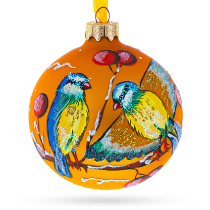 Yellow Birds on Branch Glass Ball Christmas Ornament 3.25 Inches