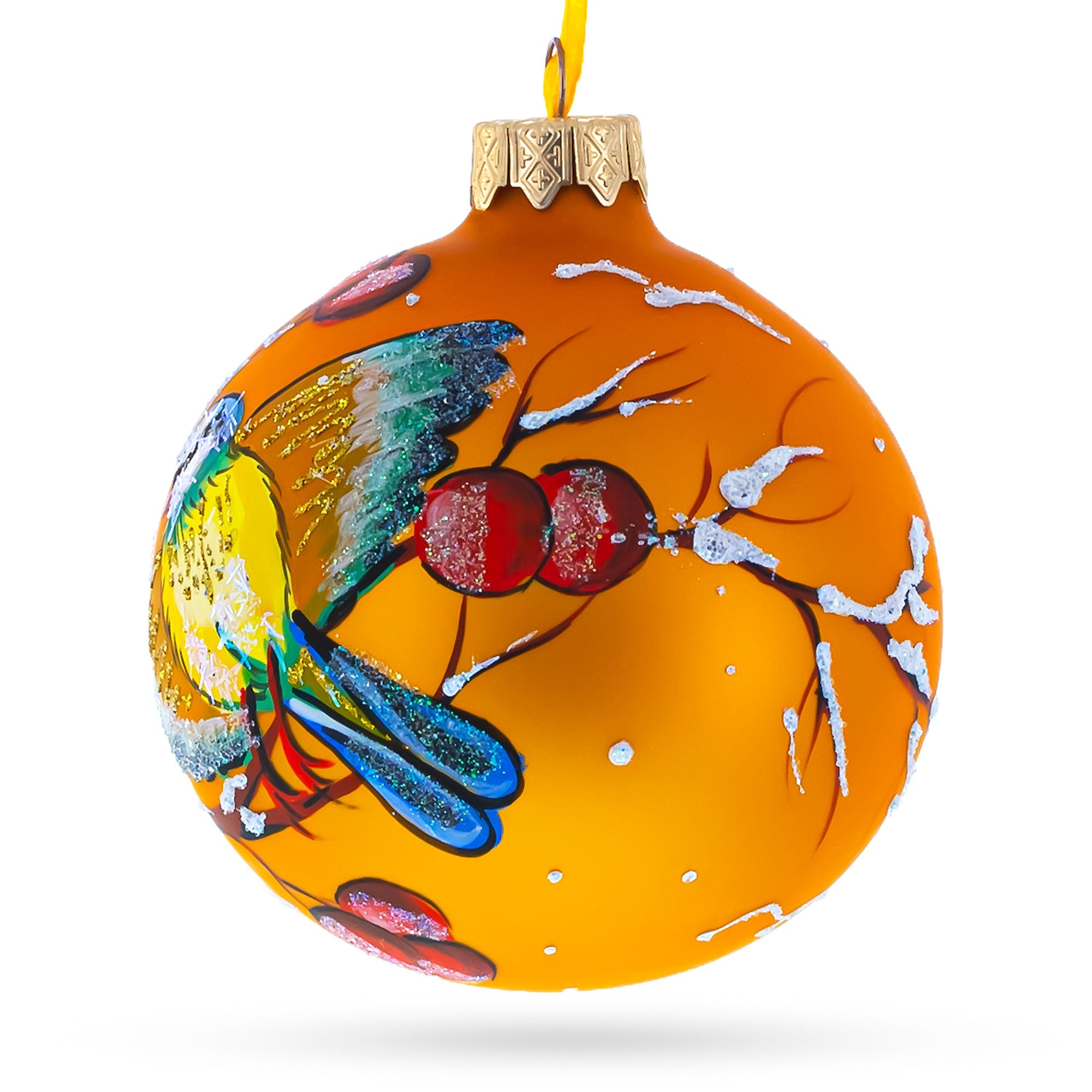 Yellow Birds on Branch Glass Ball Christmas Ornament 3.25 Inches