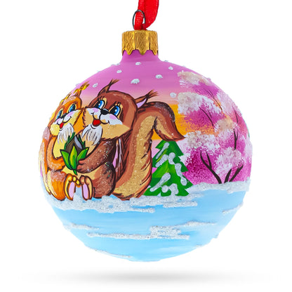 Squirrel Couple Amidst Lotus Flower Glass Ball Christmas Ornament 3.25 Inches