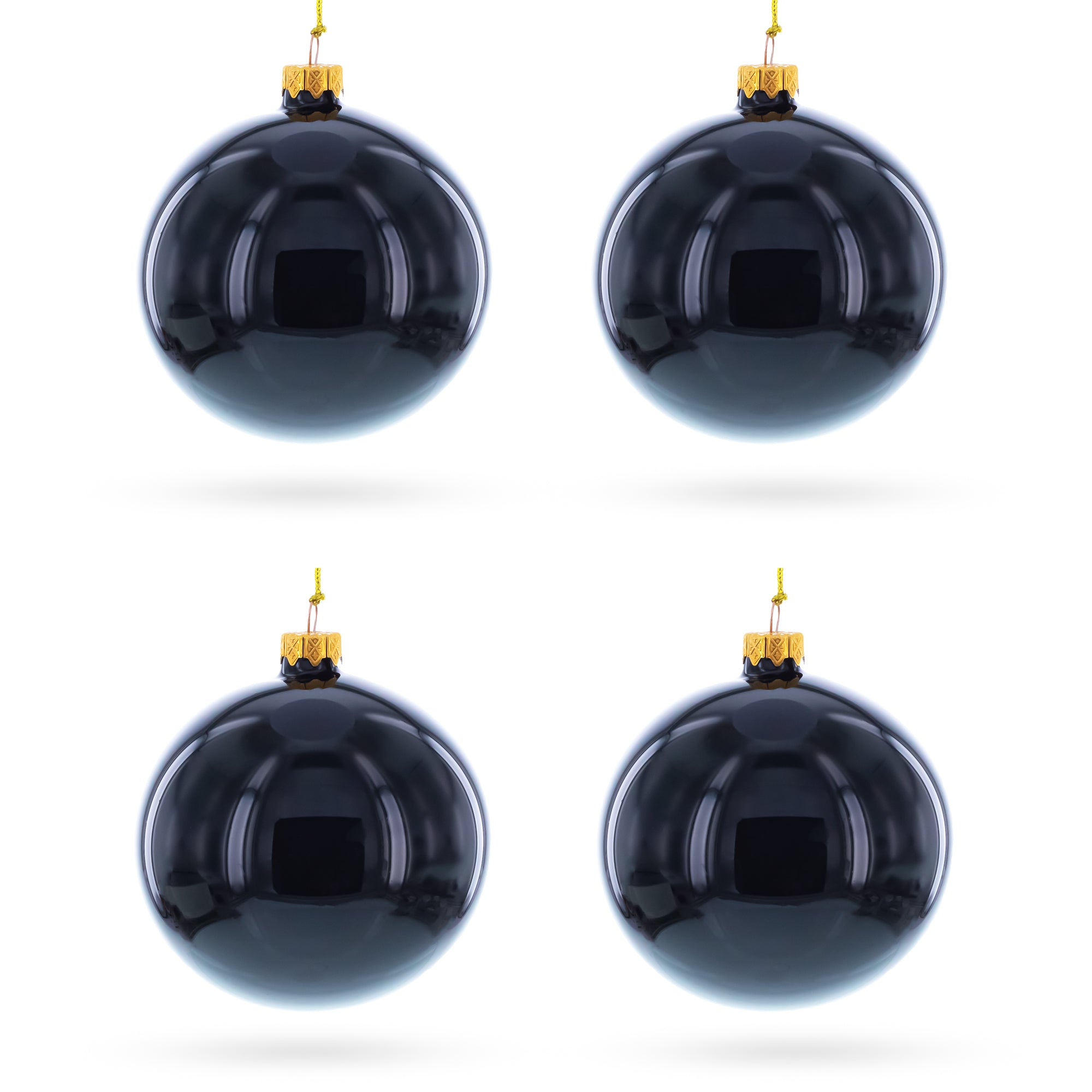 Set of 4 Glossy Black Glass Ball Christmas Ornaments 4 Inches