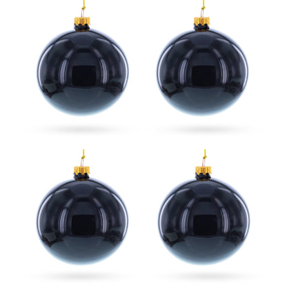 Set of 4 Glossy Black Glass Ball Christmas Ornaments 4 Inches