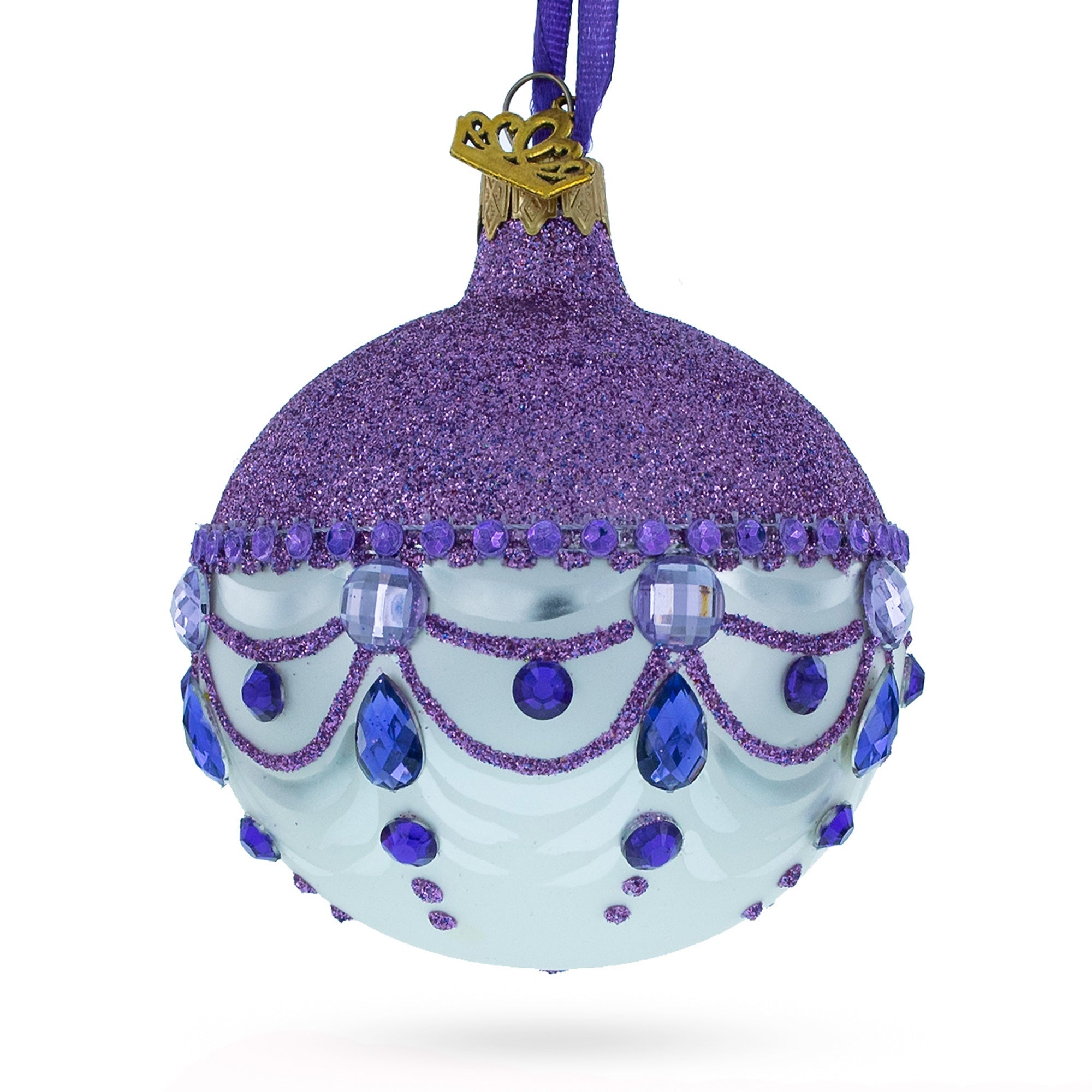 Glittered Purple Top Glass Ball Christmas Ornament 3.25 Inches