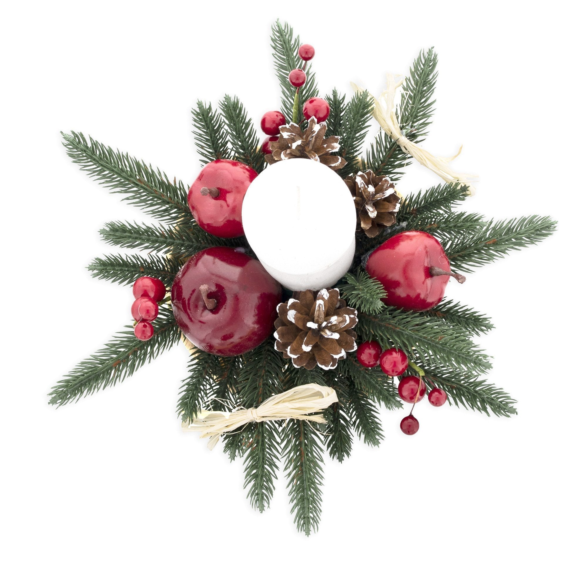 Ukrainian Candle Holder with Straw Bow, Apples & Pine Cones 16 Inches