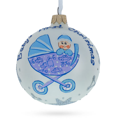 Boy in Cozy Stroller Baby's First Glass Ball Christmas Ornament 3.25 Inches