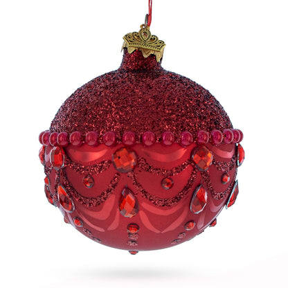 Bejeweled Chandelier Design on Red  Glass Ball Christmas Ornament 3.25 Inches