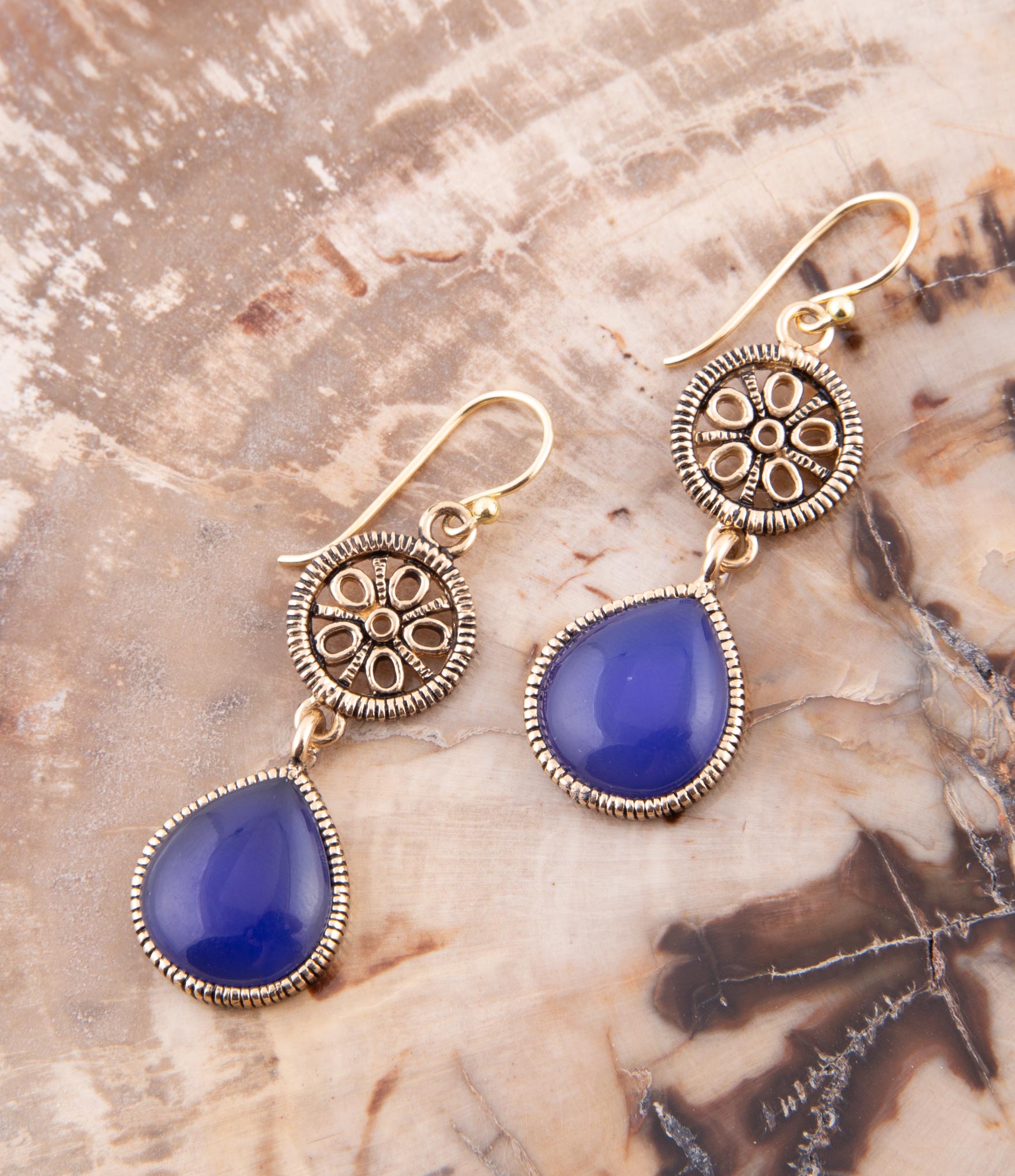 Lace Blue Agate Drop Golden Earrings Barse Jewelry