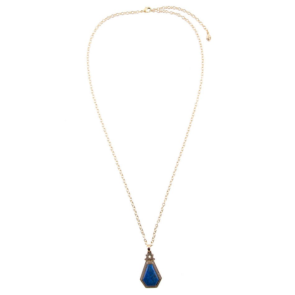 Blue Lapis Golden Elongated Pendant Necklace Barse Jewelry