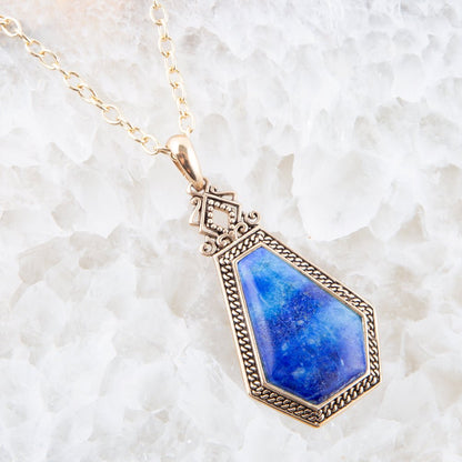 Blue Lapis Golden Elongated Pendant Necklace Barse Jewelry