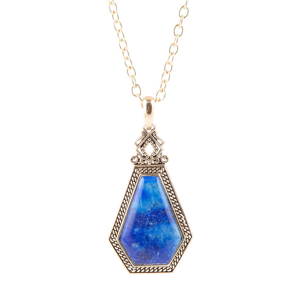 Blue Lapis Golden Elongated Pendant Necklace Barse Jewelry
