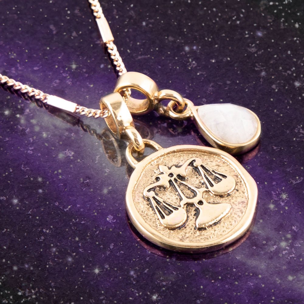 Libra - Zodiac White Moonstone Golden Charm Necklace Barse Jewelry