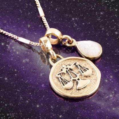 Libra - Zodiac White Moonstone Golden Charm Necklace Barse Jewelry