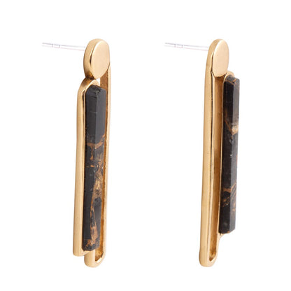 Linear Black and Gold Shungite Matrix and Golden Bronze Earrings Barse Jewelry