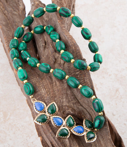 Linked Blue Lapis and Green Malachite Golden Necklace Barse Jewelry