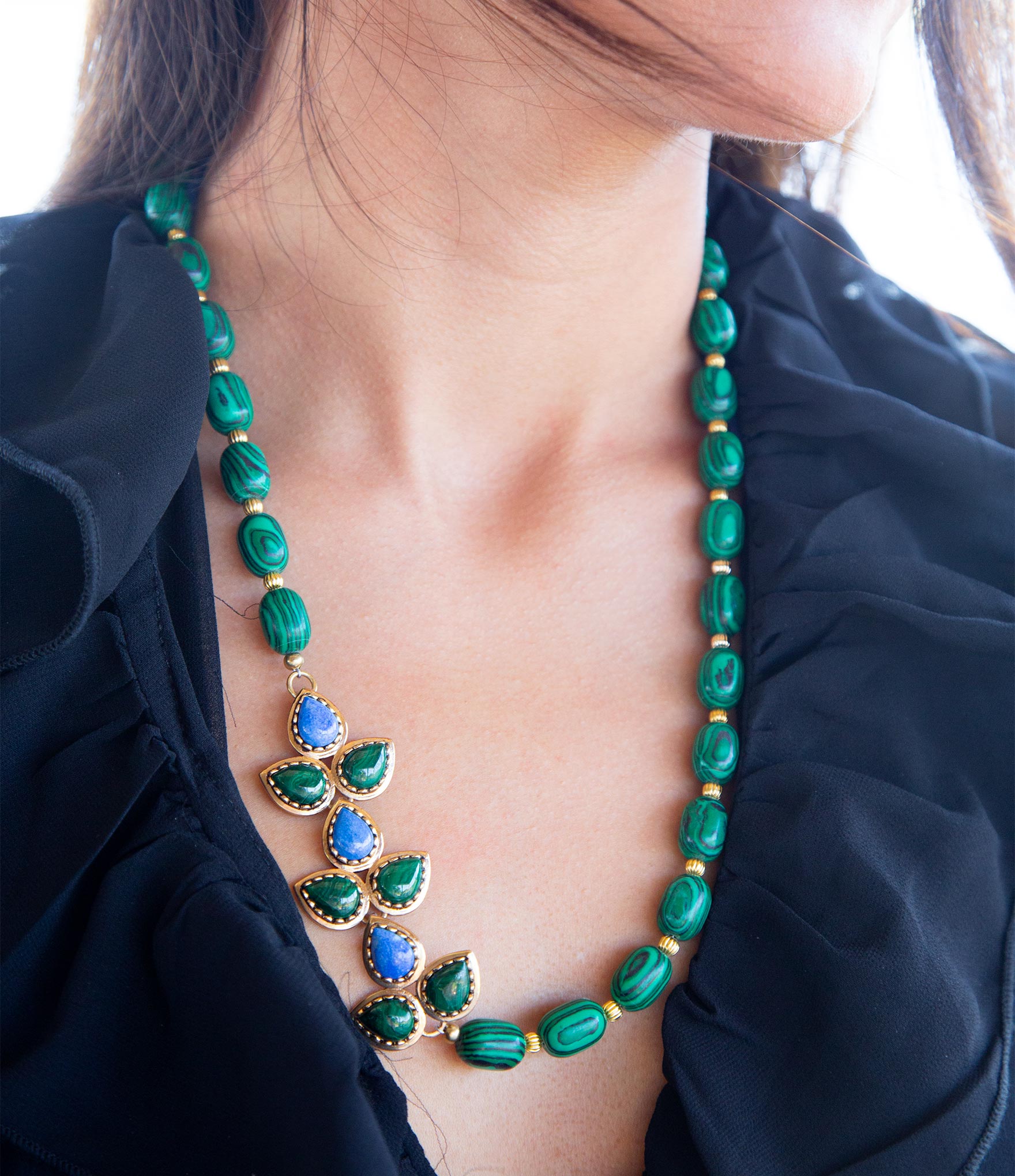 Linked Blue Lapis and Green Malachite Golden Necklace Barse Jewelry