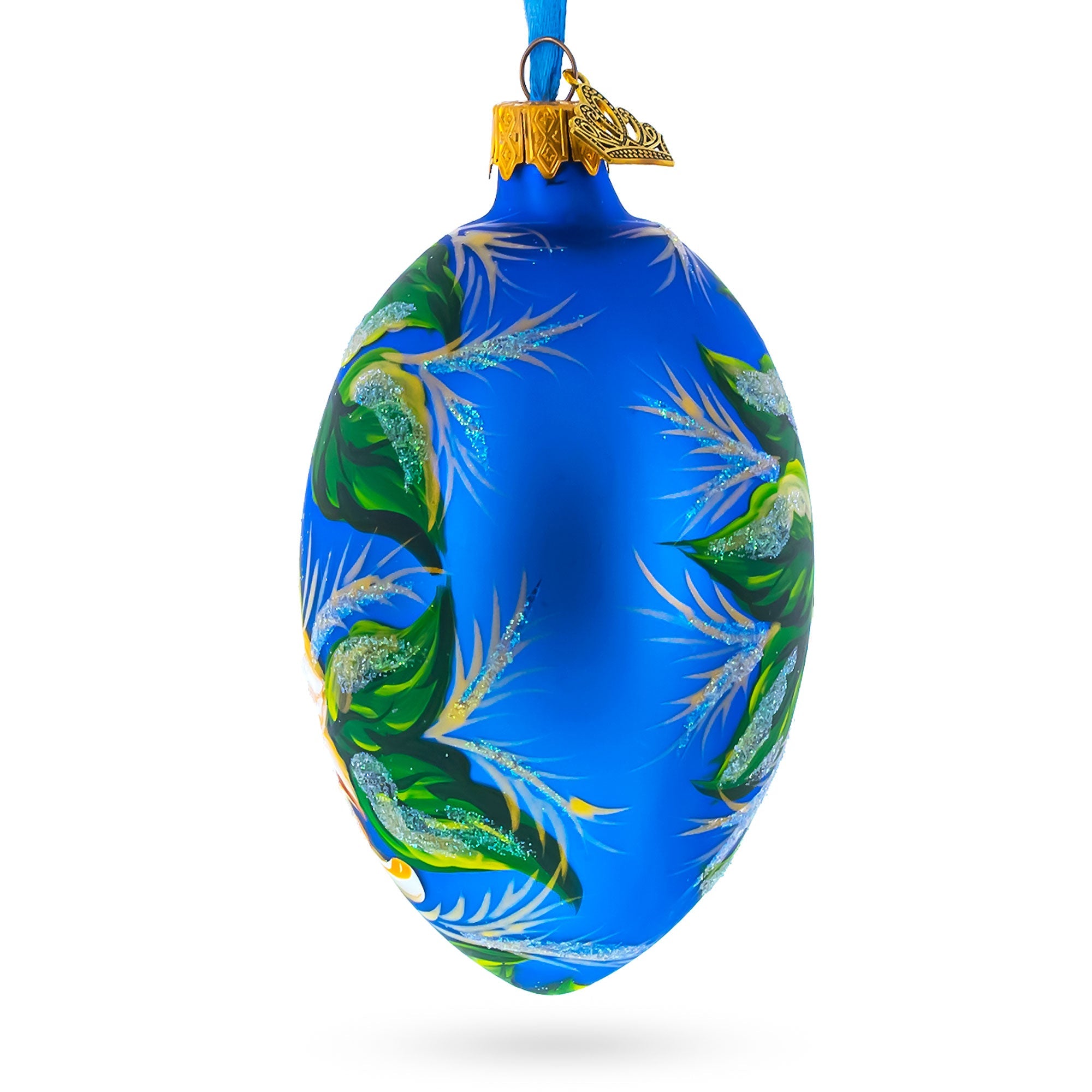 Sunflowers on Blue Glass Egg Ornament 4 Inches