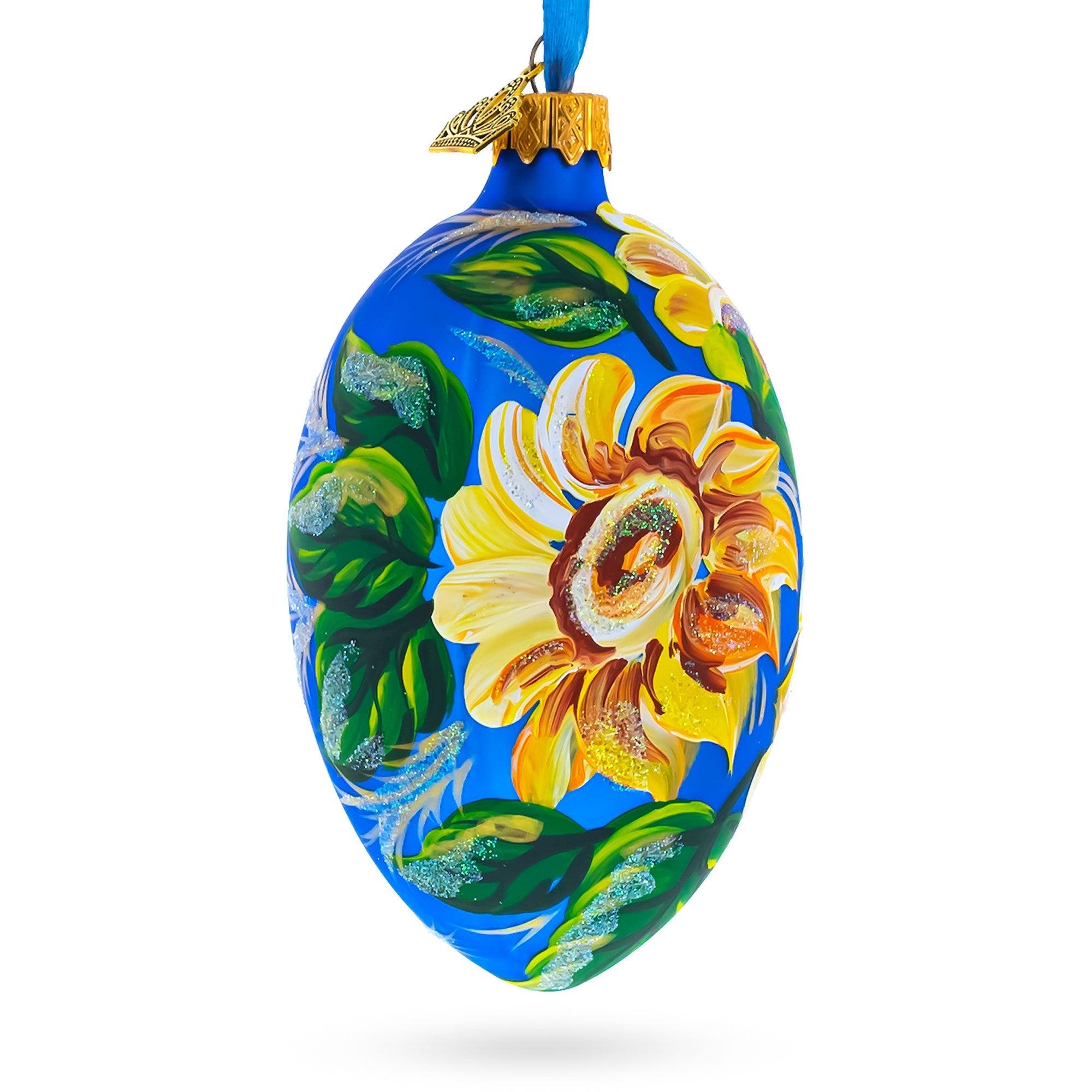 Sunflowers on Blue Glass Egg Ornament 4 Inches